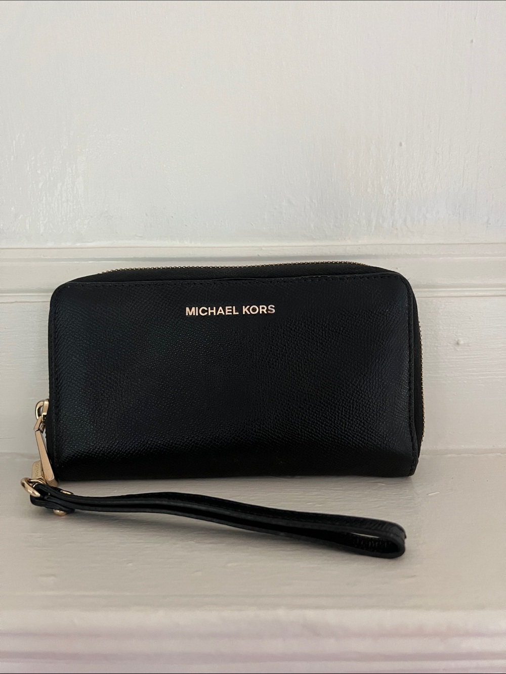 Michael Kors Black Leather Wristlet with Gold Logo